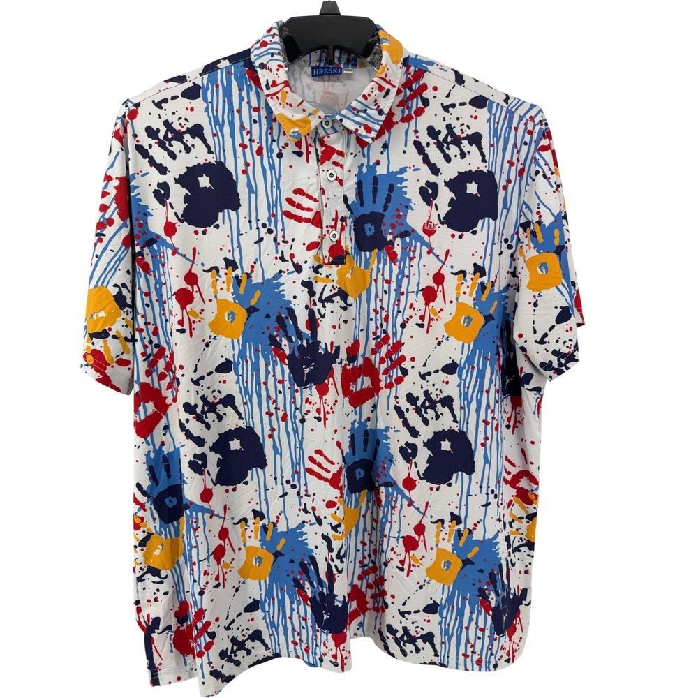 Hreski Golf Polo Shirt Mens 3XL All Over Paint Splatter Hand‎ Print Short Sleeve